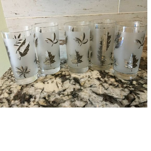 Lot of 5 Libbey Frosted White & Silver Leaves Tumblers Glass Vintage Barware Set - Picture 1 of 5